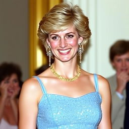 A portrait of Princess Diana with her iconic hairstyle, wearing a short, strapped, sparkly light blue dress
