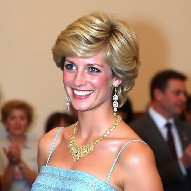 A portrait of Princess Diana with her iconic hairstyle, wearing a short, strapped, sparkly light blue dress