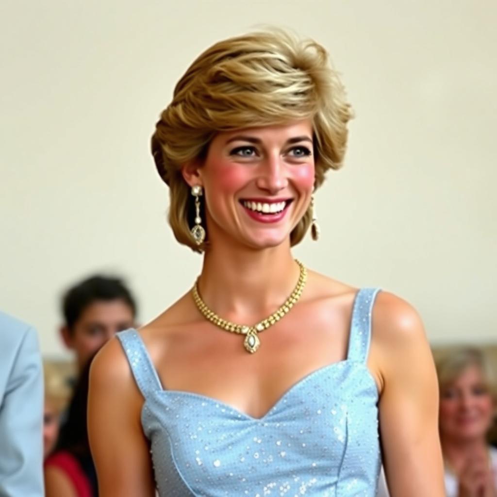 A portrait of Princess Diana with her iconic hairstyle, wearing a short, strapped, sparkly light blue dress