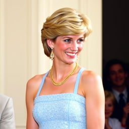 A portrait of Princess Diana with her iconic hairstyle, wearing a short, strapped, sparkly light blue dress