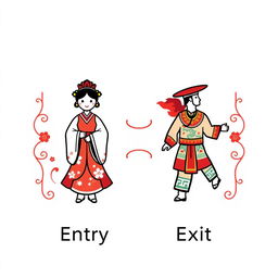 A unique pictogram representing both entry and exit signs, beautifully combining Asian and Peruvian cultural elements
