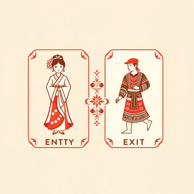 A unique pictogram representing both entry and exit signs, beautifully combining Asian and Peruvian cultural elements