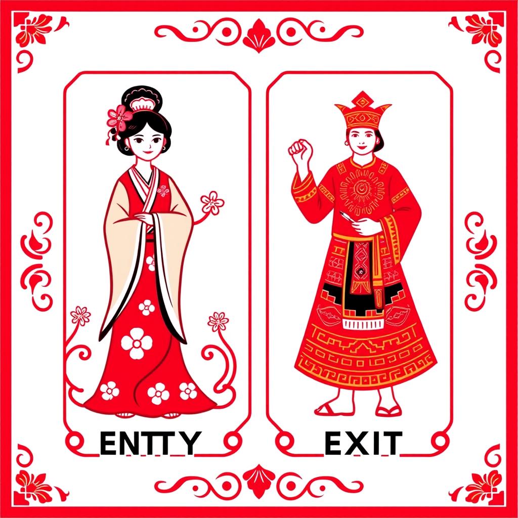 A unique pictogram representing both entry and exit signs, beautifully combining Asian and Peruvian cultural elements