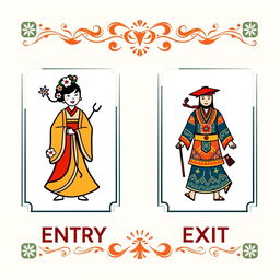 A unique pictogram representing both entry and exit signs, beautifully combining Asian and Peruvian cultural elements