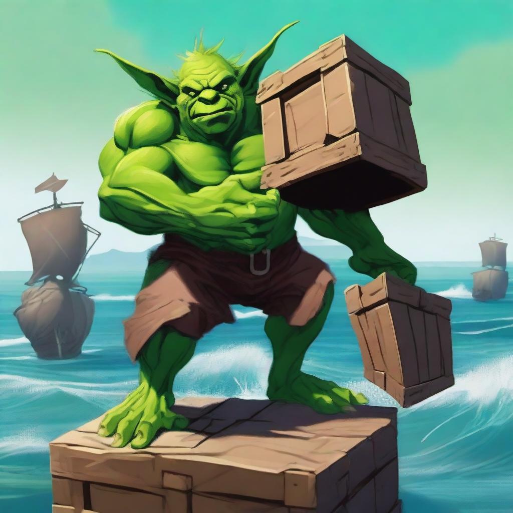 Image of a formidable, muscular, male goblin in vivid green, effortlessly hoisting multiple hefty crates in his broad arms