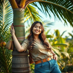A beautiful Indo-South Korean woman with large breasts, dressed in a casual yet fashionable field worker outfit, exuding charm and confidence while relaxing in a lush oil palm plantation