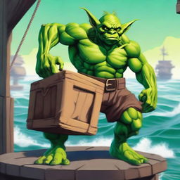 Image of a formidable, muscular, male goblin in vivid green, effortlessly hoisting multiple hefty crates in his broad arms