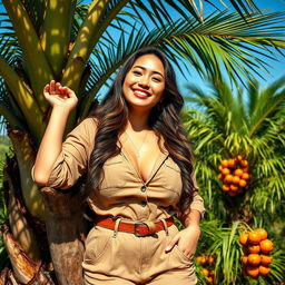 A beautiful Indo-South Korean woman with large breasts, dressed in a casual yet fashionable field worker outfit, exuding charm and confidence while relaxing in a lush oil palm plantation