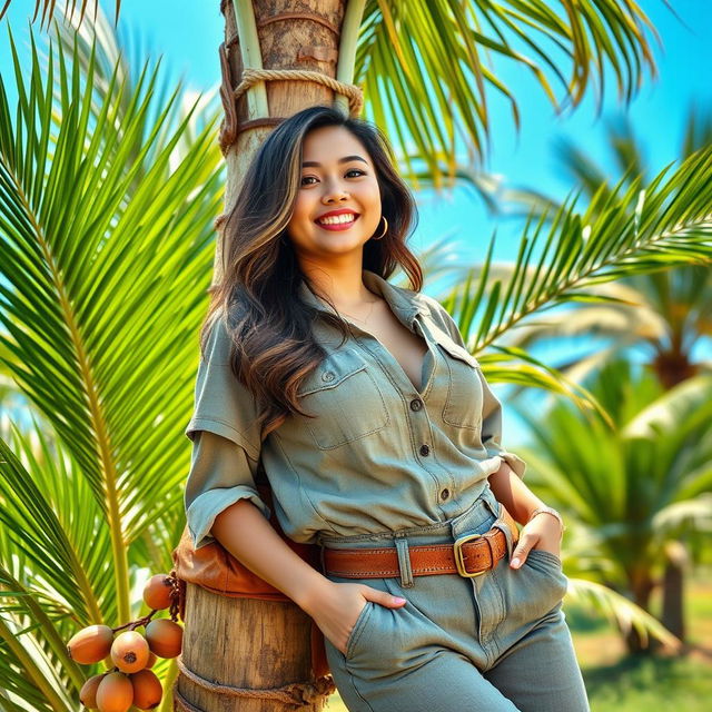 A beautiful Indo-South Korean woman with large breasts, dressed in a casual yet fashionable field worker outfit, exuding charm and confidence while relaxing in a lush oil palm plantation