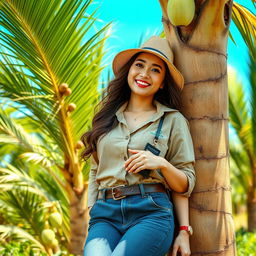 A beautiful Indo-South Korean woman with large breasts, dressed in a casual yet fashionable field worker outfit, exuding charm and confidence while relaxing in a lush oil palm plantation
