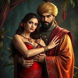 A very beautiful young woman with striking scarlet eyes, wearing an elegant oriental odalisque outfit that emphasizes her figure