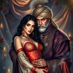 A very beautiful young woman with striking scarlet eyes, wearing an elegant oriental odalisque outfit that emphasizes her figure