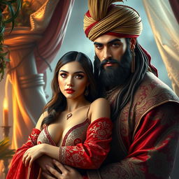 A very beautiful young woman with striking scarlet eyes, wearing an elegant oriental odalisque outfit that emphasizes her figure