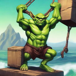 Image of a formidable, muscular, male goblin in vivid green, effortlessly hoisting multiple hefty crates in his broad arms