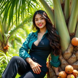 A beautiful Indo-South Korean woman with large breasts, dressed in a form-fitting yet stylish field worker outfit, exuding allure and confidence while lounging in a vibrant oil palm plantation