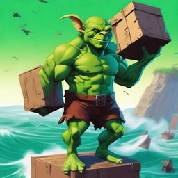 Image of a formidable, muscular, male goblin in vivid green, effortlessly hoisting multiple hefty crates in his broad arms