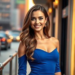 A stylish 35-year-old attractive woman with long, wavy brown hair, bright green eyes, and a warm smile