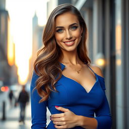 A stylish 35-year-old attractive woman with long, wavy brown hair, bright green eyes, and a warm smile