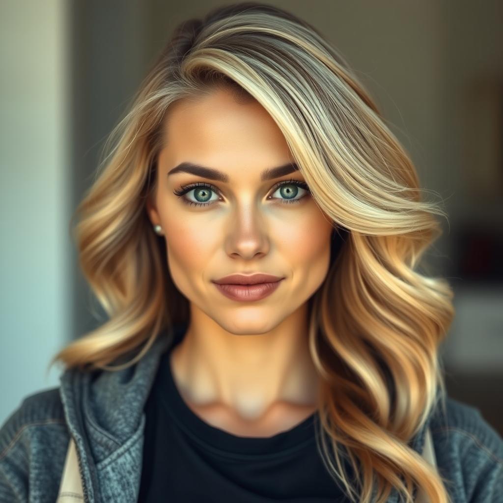 A portrait of a woman with expressive facial features and light hair styled in soft waves