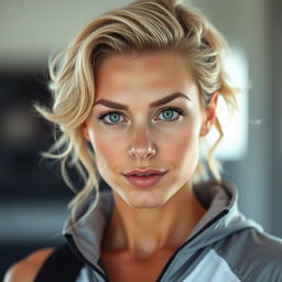 A portrait of a woman with expressive facial features and light hair styled in soft waves