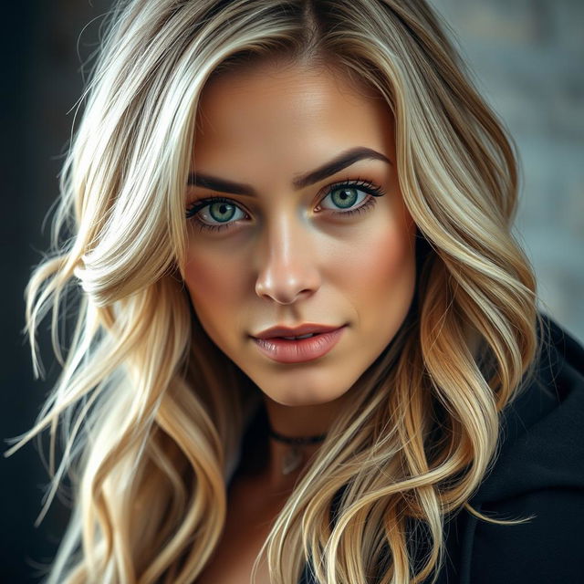 A portrait of a woman with expressive facial features and light hair styled in soft waves