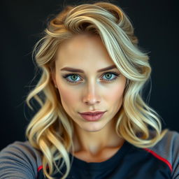 A portrait of a woman with expressive facial features and light hair styled in soft waves
