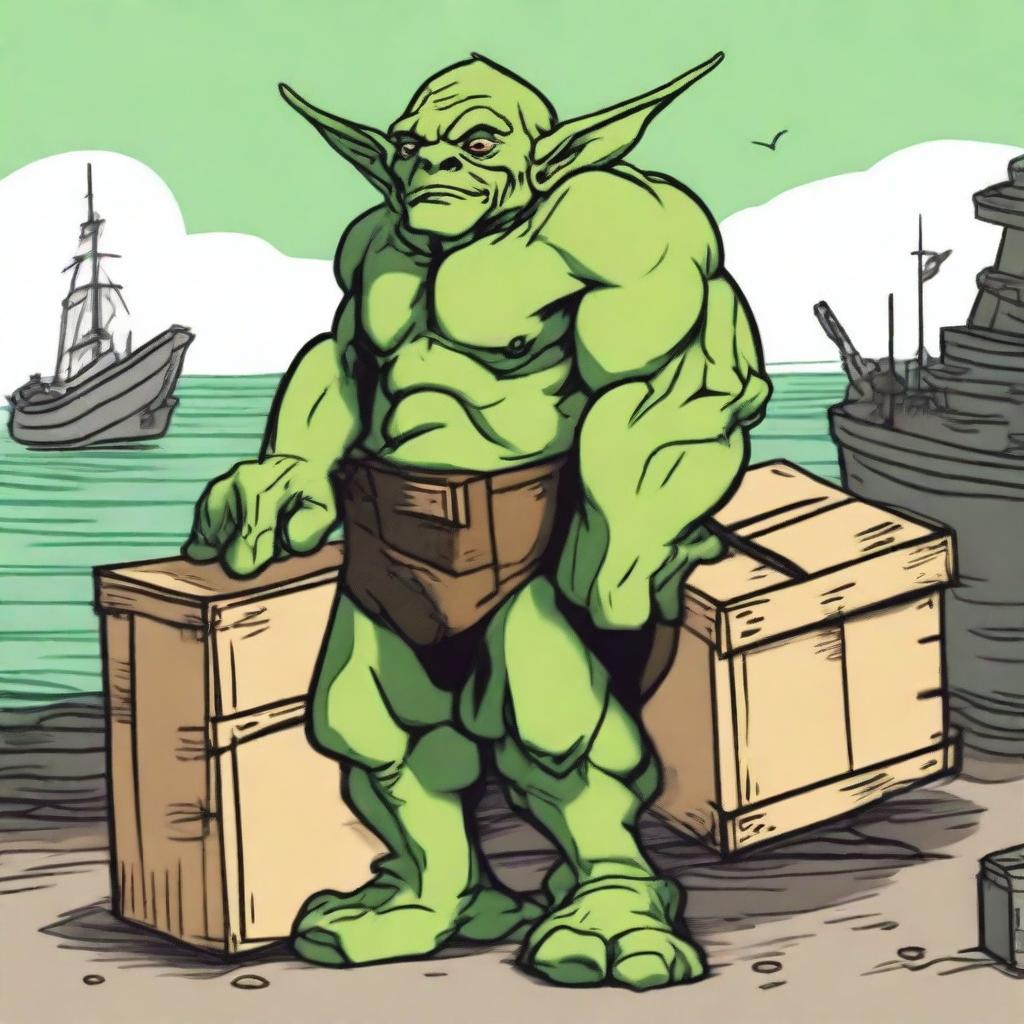 Crudely drawn image of a robust, muscular, male goblin, colored in striking green, effortlessly carrying numerous large crates