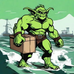 Crudely drawn image of a robust, muscular, male goblin, colored in striking green, effortlessly carrying numerous large crates