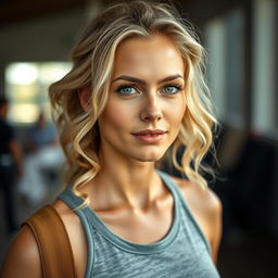 A full-body portrait of a 35-year-old woman with expressive facial features and light wavy hair