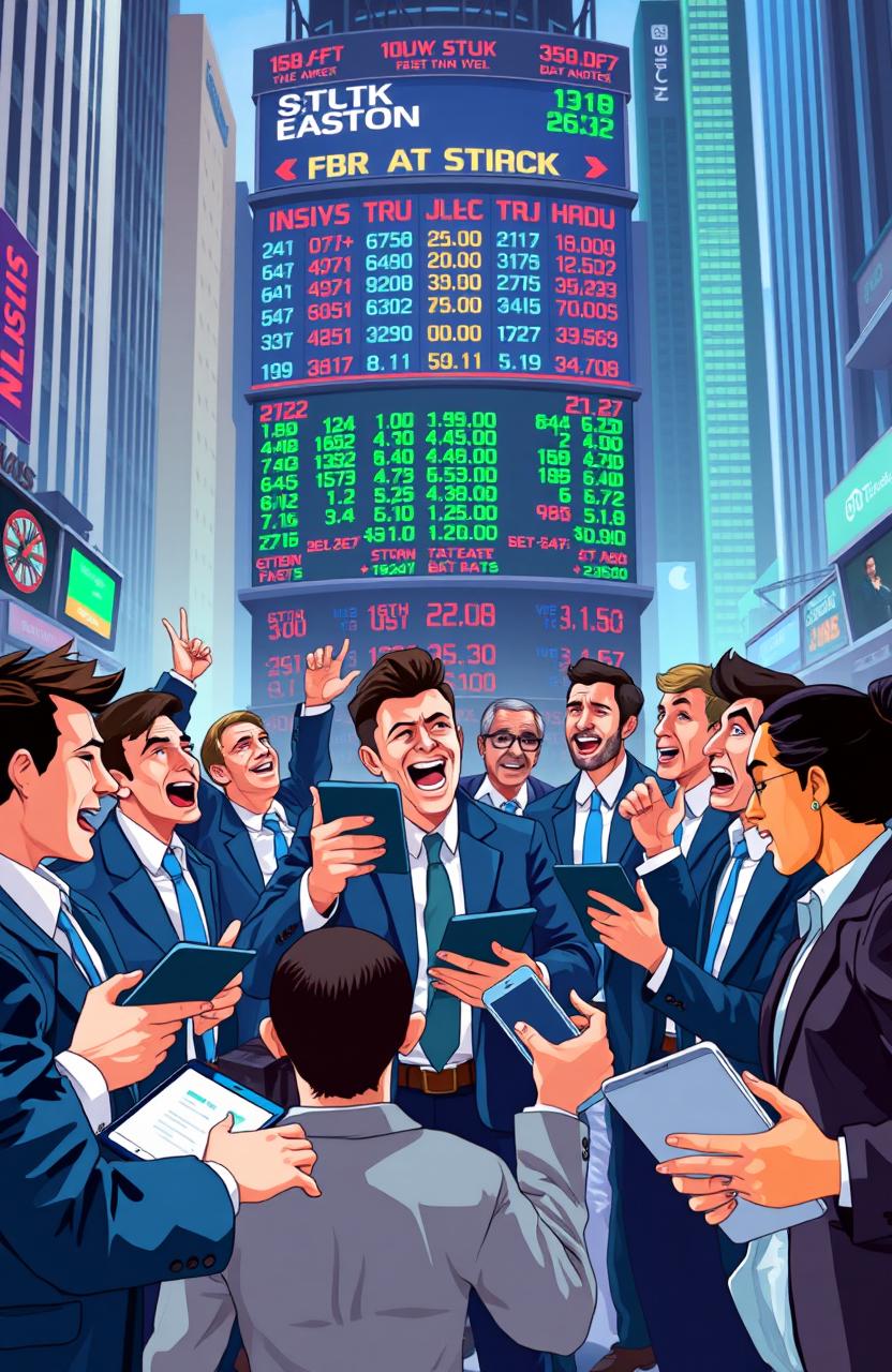 A vibrant and dynamic digital illustration of a stock market scene, featuring a diverse group of traders and investors animatedly discussing stock prices and trends