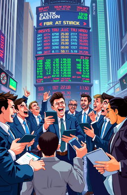 A vibrant and dynamic digital illustration of a stock market scene, featuring a diverse group of traders and investors animatedly discussing stock prices and trends