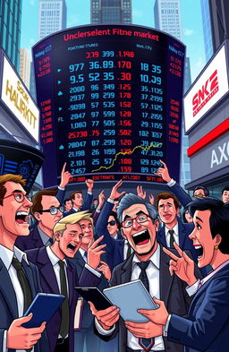 A vibrant and dynamic digital illustration of a stock market scene, featuring a diverse group of traders and investors animatedly discussing stock prices and trends