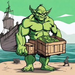 Crudely drawn image of a robust, muscular, male goblin, colored in striking green, effortlessly carrying numerous large crates