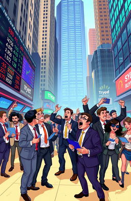 A vibrant and dynamic digital illustration of a stock market scene, featuring a diverse group of traders and investors animatedly discussing stock prices and trends
