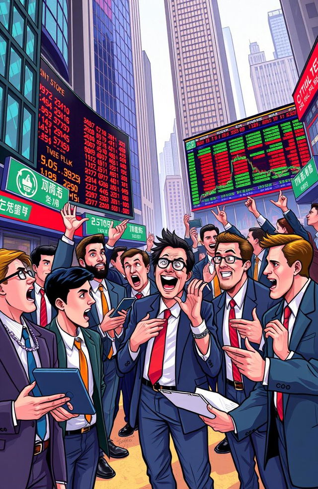 A vibrant and dynamic digital illustration of a stock market scene, featuring a diverse group of traders and investors animatedly discussing stock prices and trends