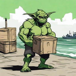 Crudely drawn image of a robust, muscular, male goblin, colored in striking green, effortlessly carrying numerous large crates