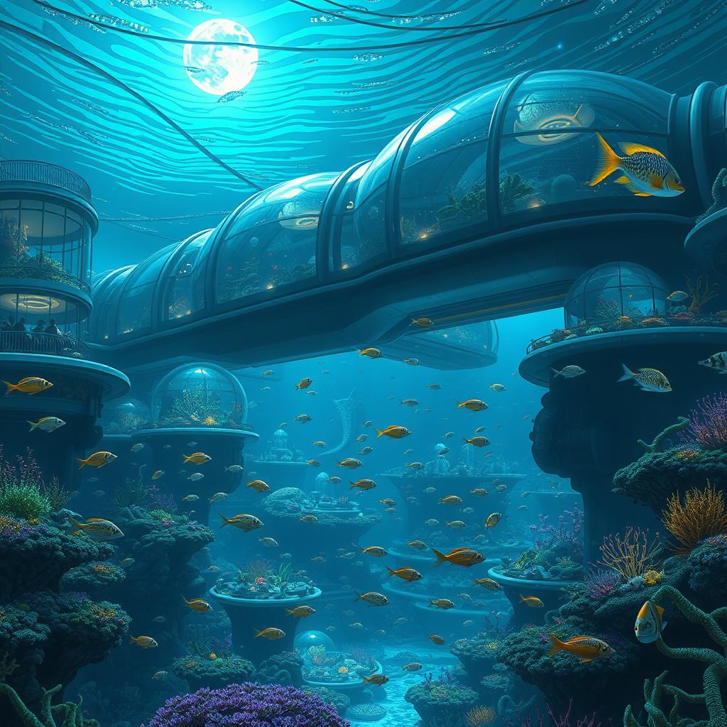 An expansive underwater scene depicting a futuristic submarine city, illuminated by bioluminescent flora