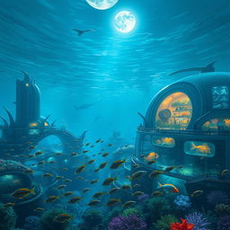 An expansive underwater scene depicting a futuristic submarine city, illuminated by bioluminescent flora