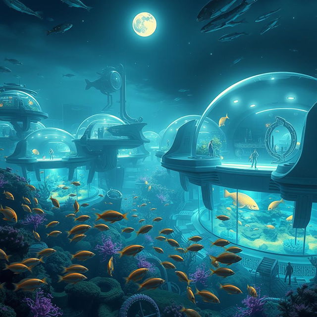 An expansive underwater scene depicting a futuristic submarine city, illuminated by bioluminescent flora