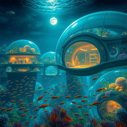 An expansive underwater scene depicting a futuristic submarine city, illuminated by bioluminescent flora