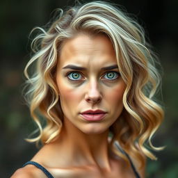 A full-length portrait of a 36-year-old woman with expressive facial features and light wavy hair