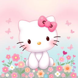 A cute and colorful illustration of Hello Kitty, the iconic character with a simple face, white fur, and a pink bow on her left ear