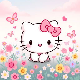 A cute and colorful illustration of Hello Kitty, the iconic character with a simple face, white fur, and a pink bow on her left ear