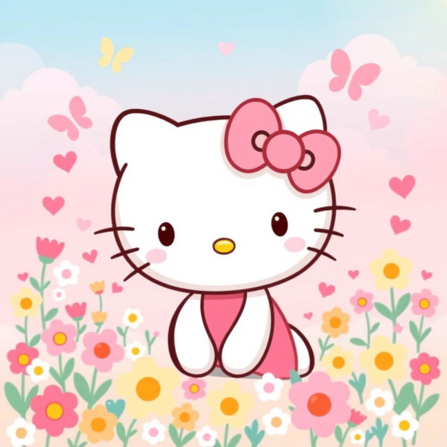 A cute and colorful illustration of Hello Kitty, the iconic character with a simple face, white fur, and a pink bow on her left ear