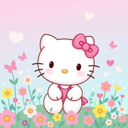 A cute and colorful illustration of Hello Kitty, the iconic character with a simple face, white fur, and a pink bow on her left ear