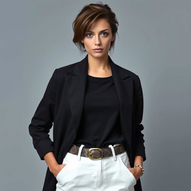 A portrait of a woman named Diana, dressed in an oversized black blazer that gives a chic, relaxed look