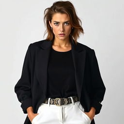 A portrait of a woman named Diana, dressed in an oversized black blazer that gives a chic, relaxed look