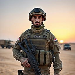 A heroic Iraqi soldier in full uniform, standing proudly in a desert landscape, with a determined expression on his face