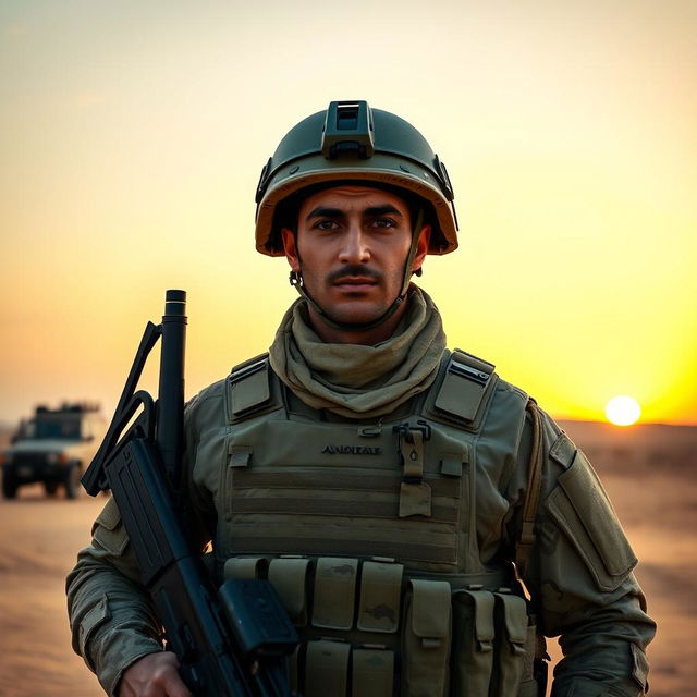 A heroic Iraqi soldier in full uniform, standing proudly in a desert landscape, with a determined expression on his face