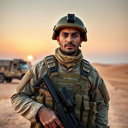 A heroic Iraqi soldier in full uniform, standing proudly in a desert landscape, with a determined expression on his face